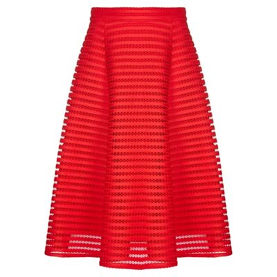 Red embroidered flared midi skirt